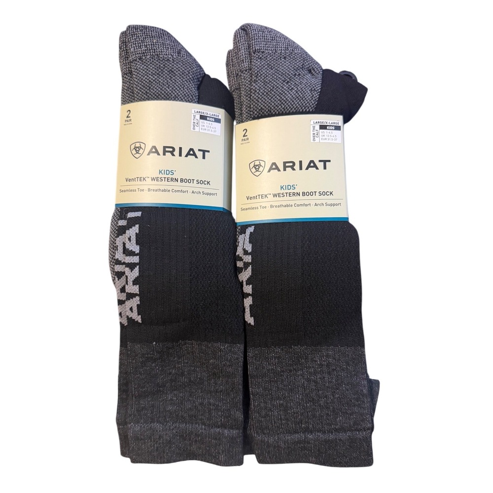 Ariat VentTEK Western Boot Socks Kids L/XL Black 2-Pack 4 Pairs Total